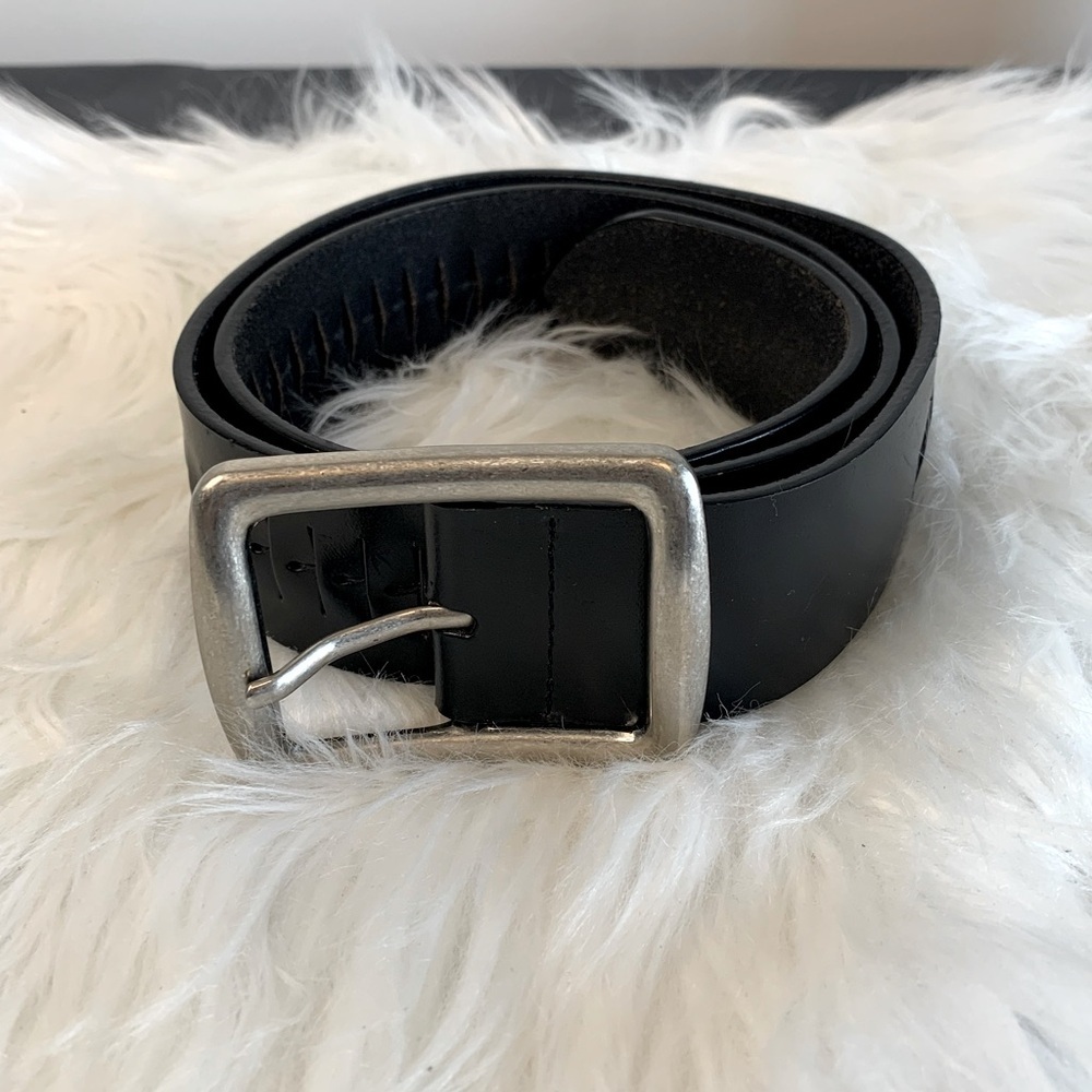 Black and Silver Leather Belt with Metal Buckle